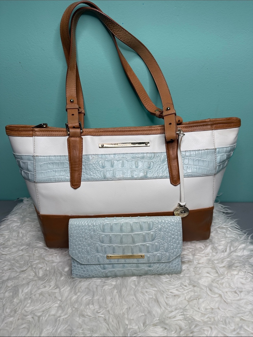 Brahmin Medium Arno Tricolor White & Light Blue Croc-Accent Tote with wallet .